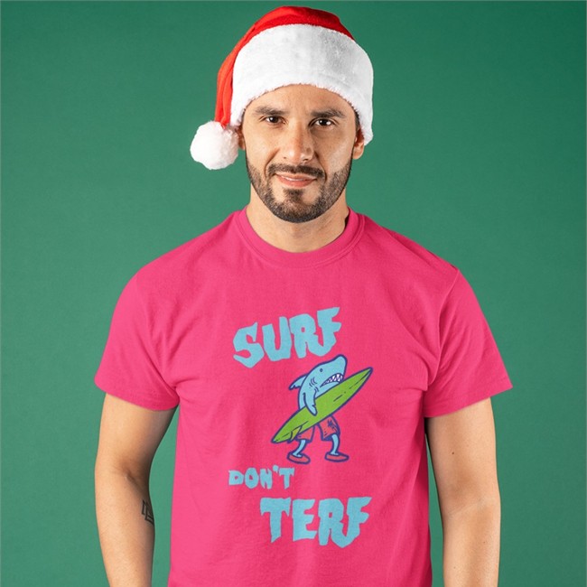 Surf Don’t Terf Shark Illustration Surf Board Surfer Cartoon Image Tee MortuaryReport Gendereveal