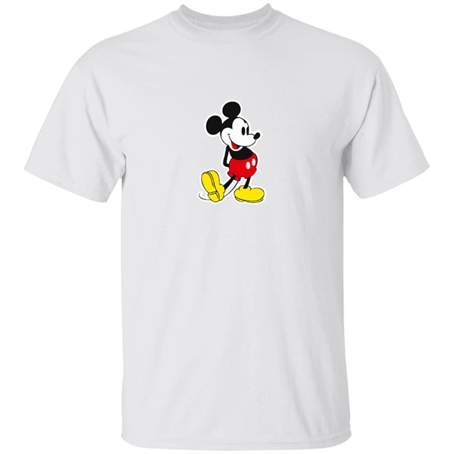 Mickey Mouse T Shirt - The main print is placed at the center of the upper chest, a buoyant image of Mickey standing with one foot kicked up and both hands behind his back