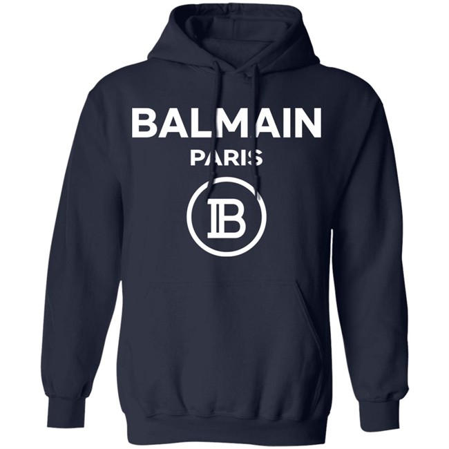 Navy Blue Cotton Hooded Sweatshirt With White Balmain Logo Print
