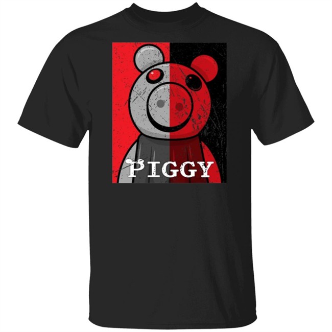 Piggy Merch Split Face Distressed Black T Shirt