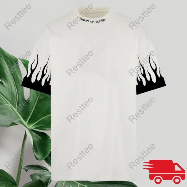 Official Vision Of Super White Top Shirt With Printed Black Flames