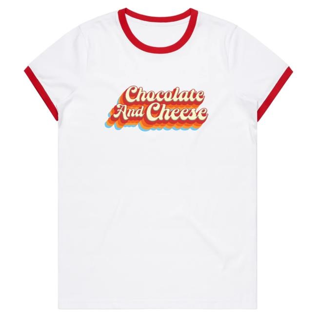 Official The Merch Collective Ween Store Chocolate & Cheese Script Ladies Ringer Tee