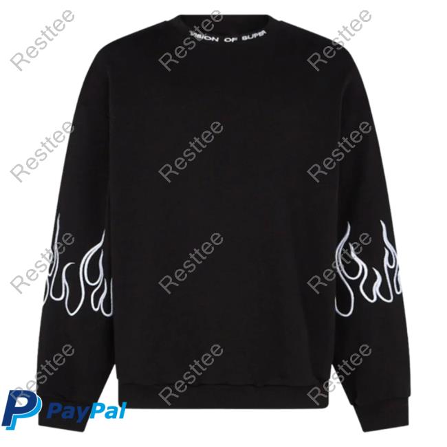 Official Vision Of Super Black Crew neck Sweatshirt With White Flames