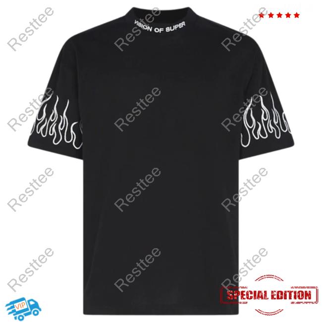 Official Vision Of Super Black Hot Shirt With White Flames
