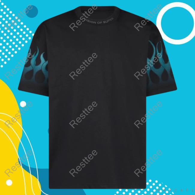 Official Vision Of Super Black T-Shirts With Light Blue Gradient Flames