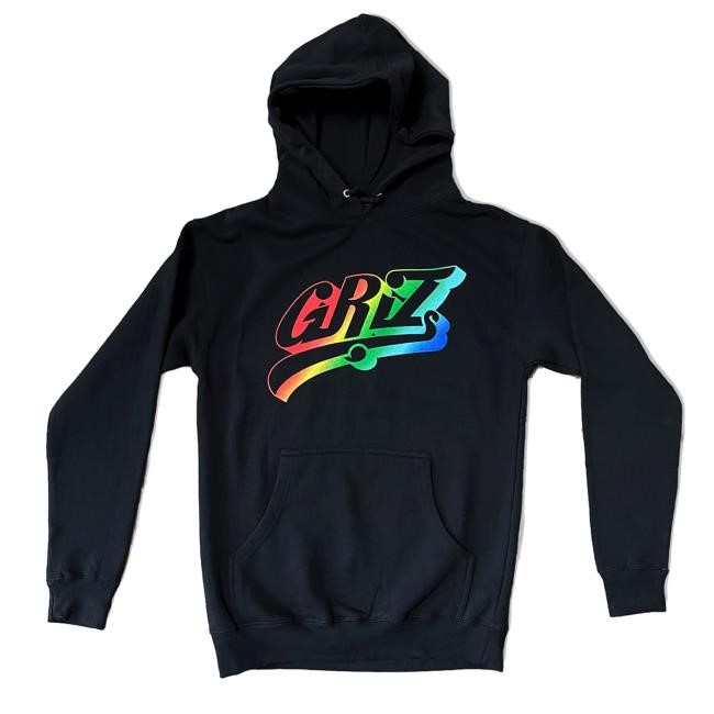 GRiZ Official Merch Store Griz Essentials Rainbow Swoop Logo Hoodie Retro In Black GRiZ Clothing Shop Apparel GRiZ Merchandise