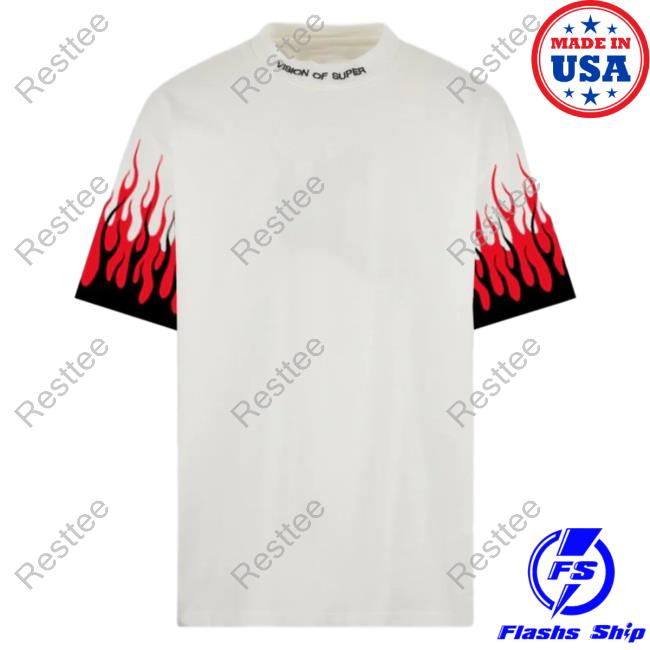 Official Vision Of Super White Tee Shirt With Printed Black And Red Flames